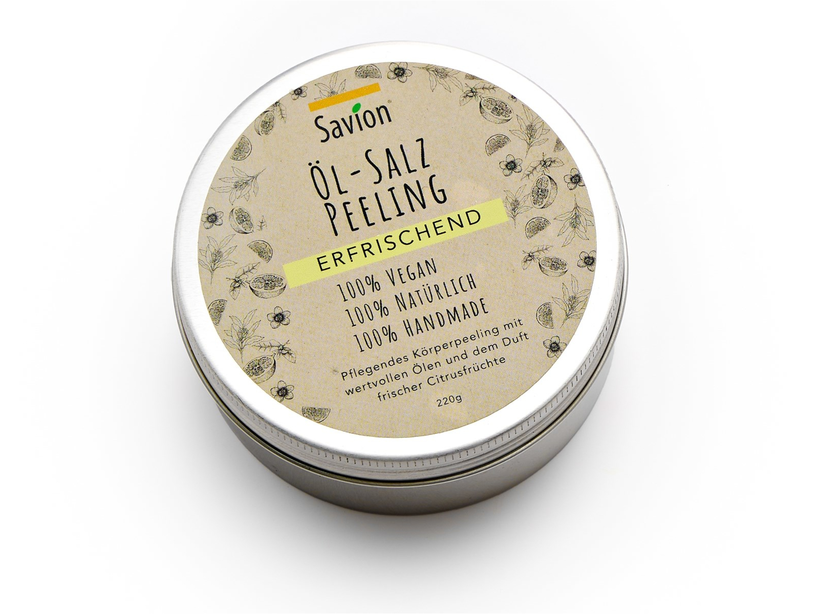 Bio Öl-Salz Peeling in Metalldose, erfrischend, für trockene und juckende Haut Inhalt 220 g