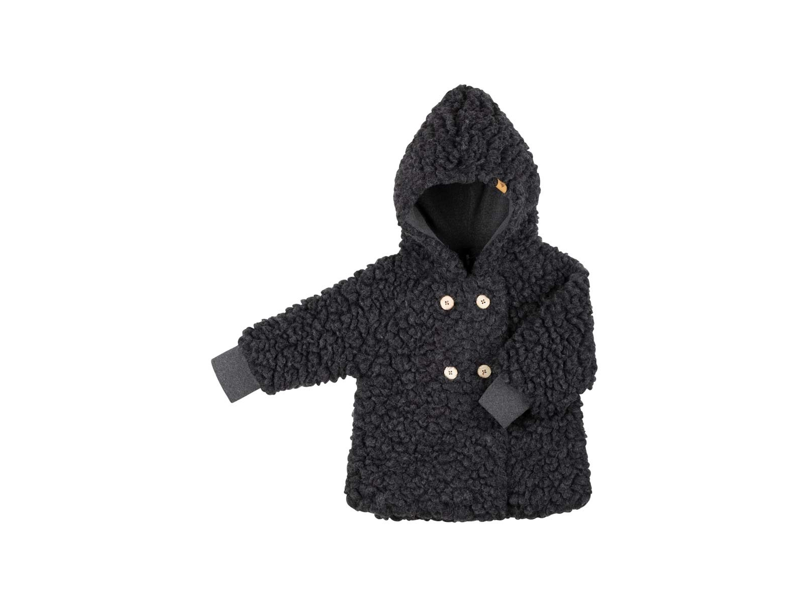 PURE PURE by Bauer Kinder Jacke Bio-Schurwolle Plüsch mit Kapuze Doppelreiher anthrazit Gr. 98/104