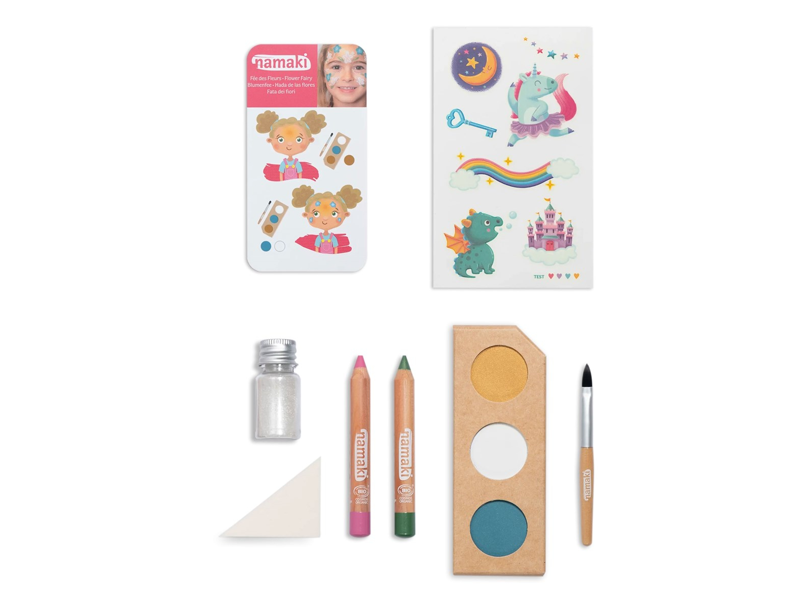 Kinder Bio-Schminkset "verzauberte Welten" Weiß, Türkis, Gold, Grün, Rosa, Silber