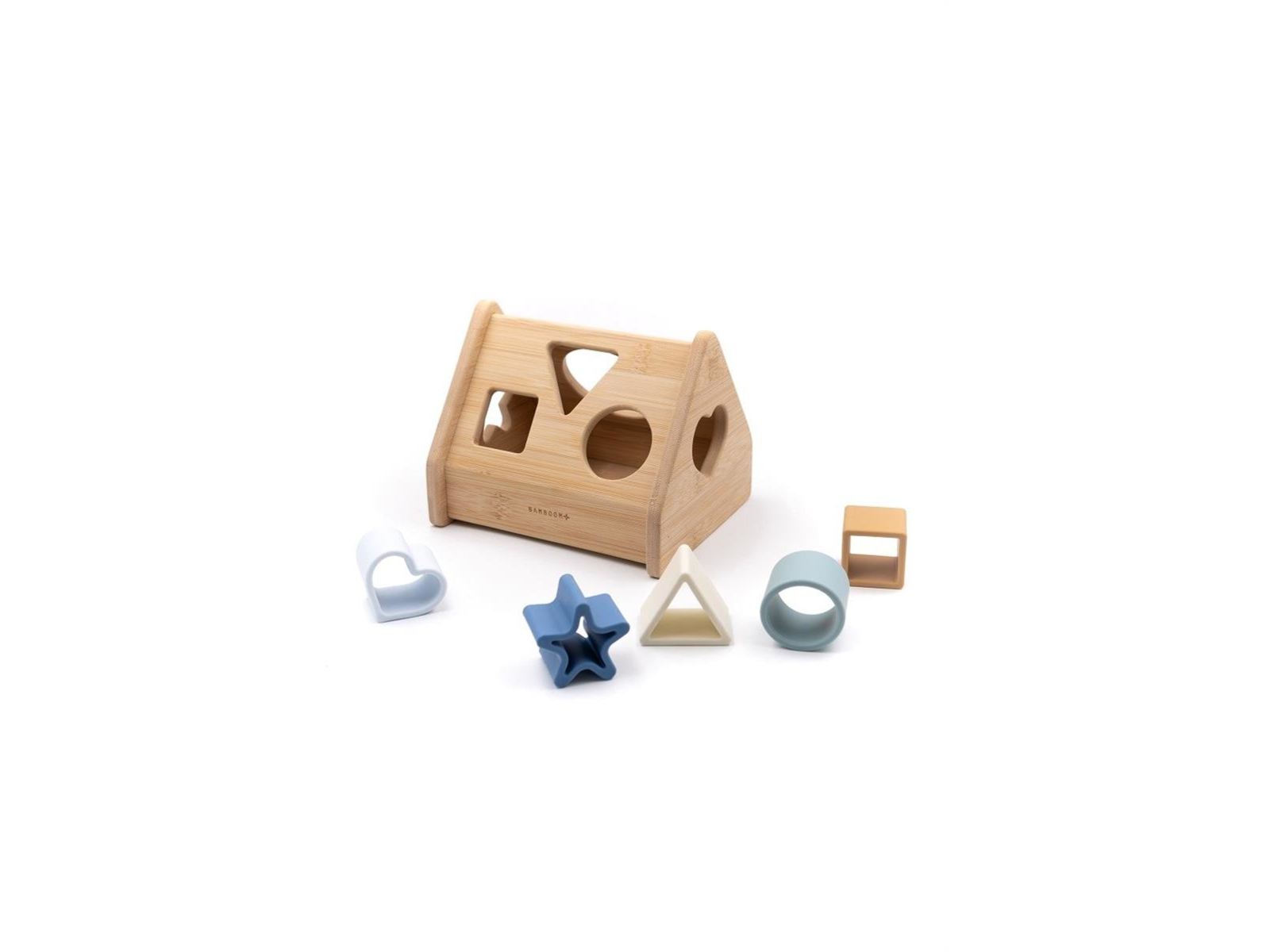 Steckspiel aus Bambusholz mit 5 Silikonformen blau Maße 17 x 13,5 x 13 cm