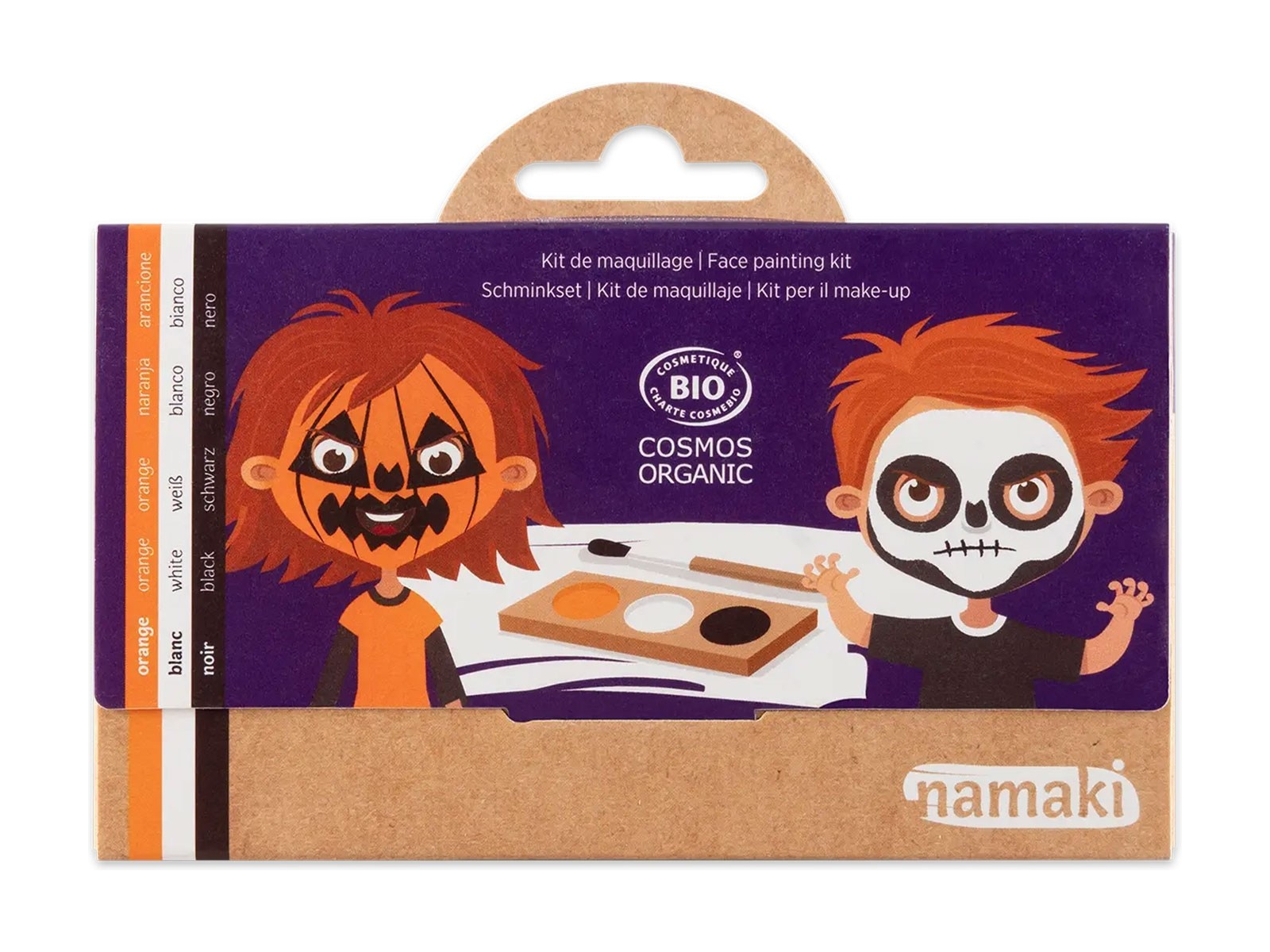 Kinder Bio Schminkset "Kürbis und Skelett" Farben: orange, weiß und schwarz