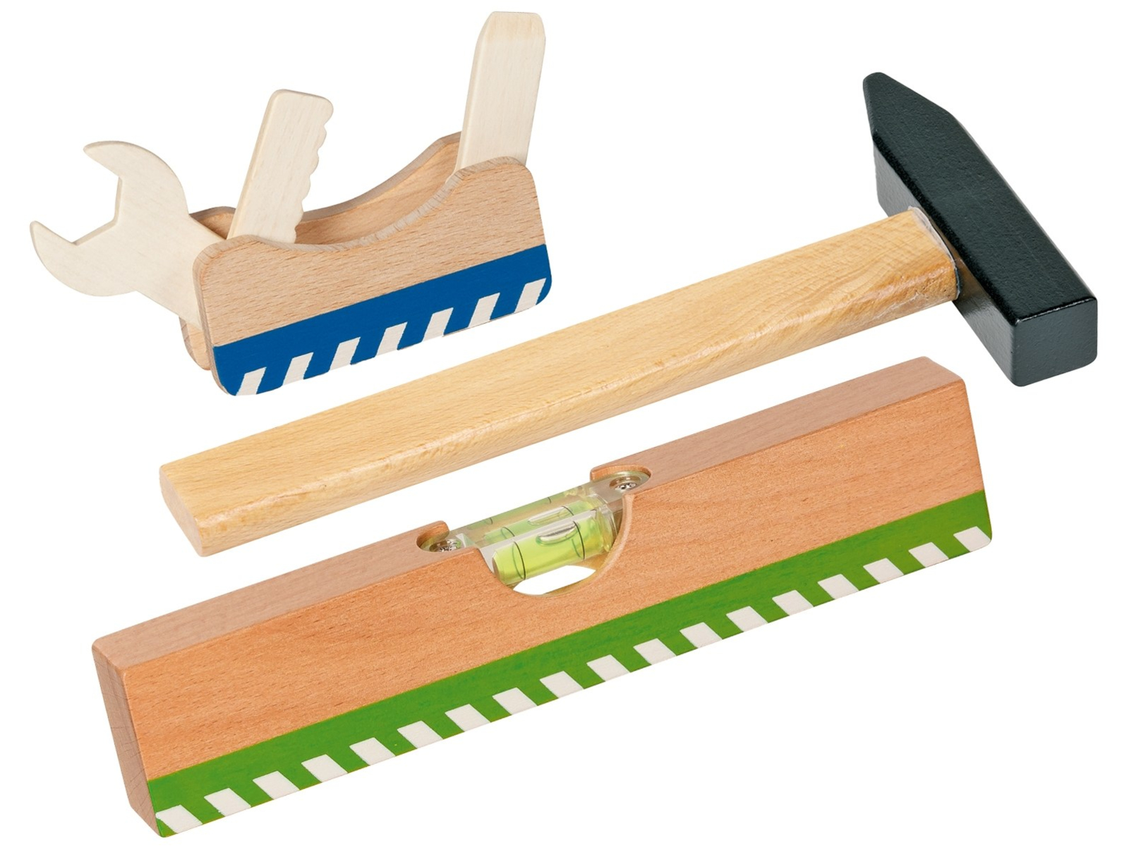 goki Kinder Werkzeug aus Holz 3er-Set, bunt lackiert Wasserwaage, Holzhammer, Multiwerkzeug