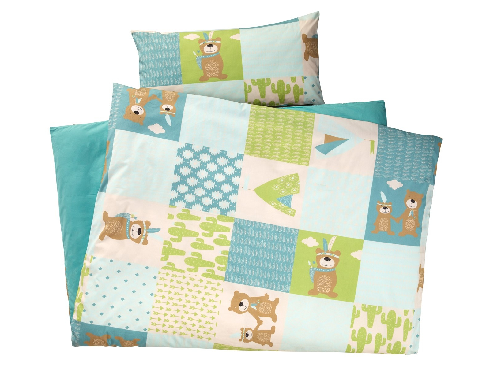 Kinderbettwäsche Bio-Baumwolle Patchwork Bär Bettbezug 135 x 200 cm, Kissen 40 x 80 cm