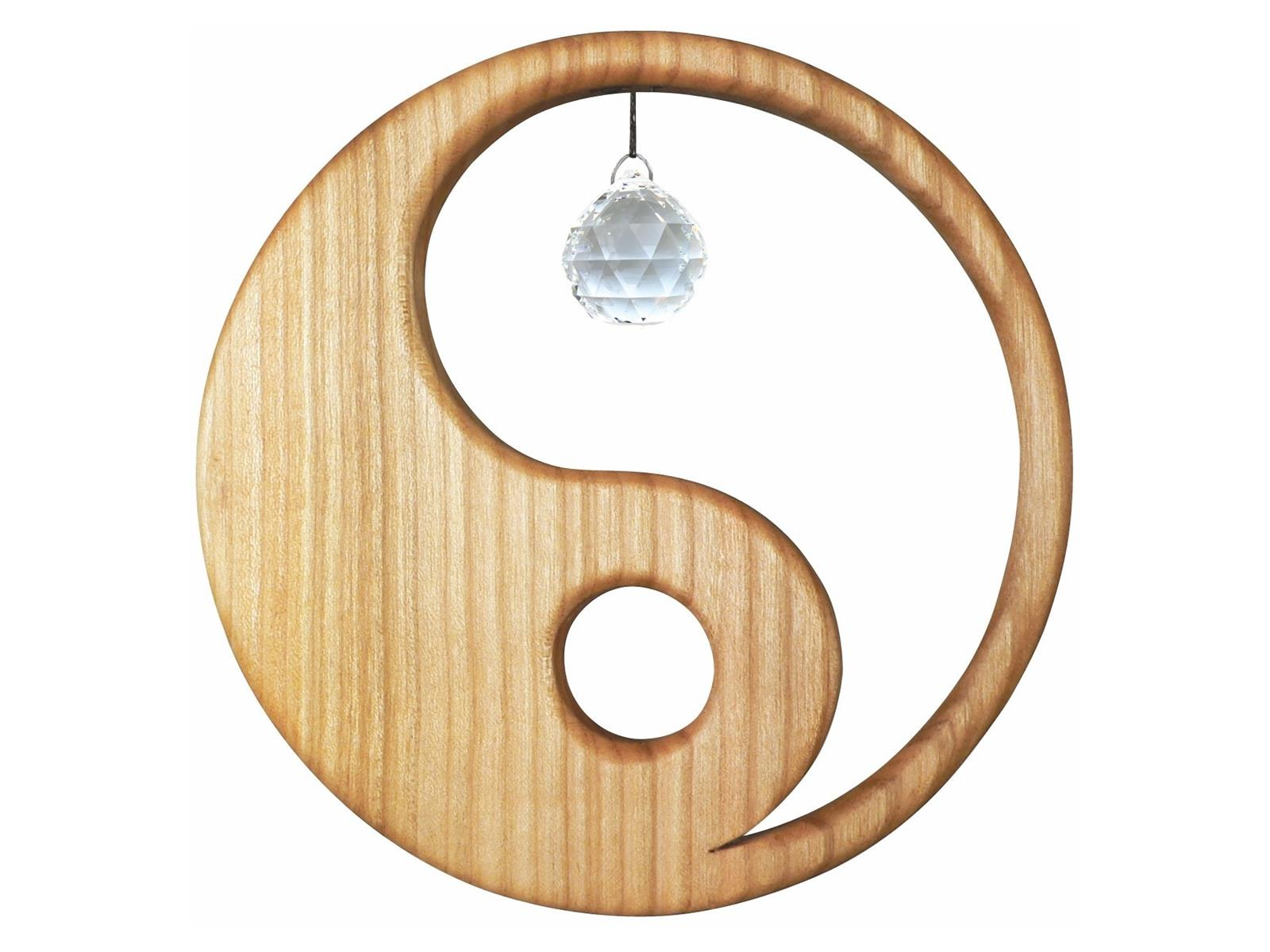 Yin Yang aus heimischem Laubholz, Holzdeko mit Kristall Durchmesser 13 cm