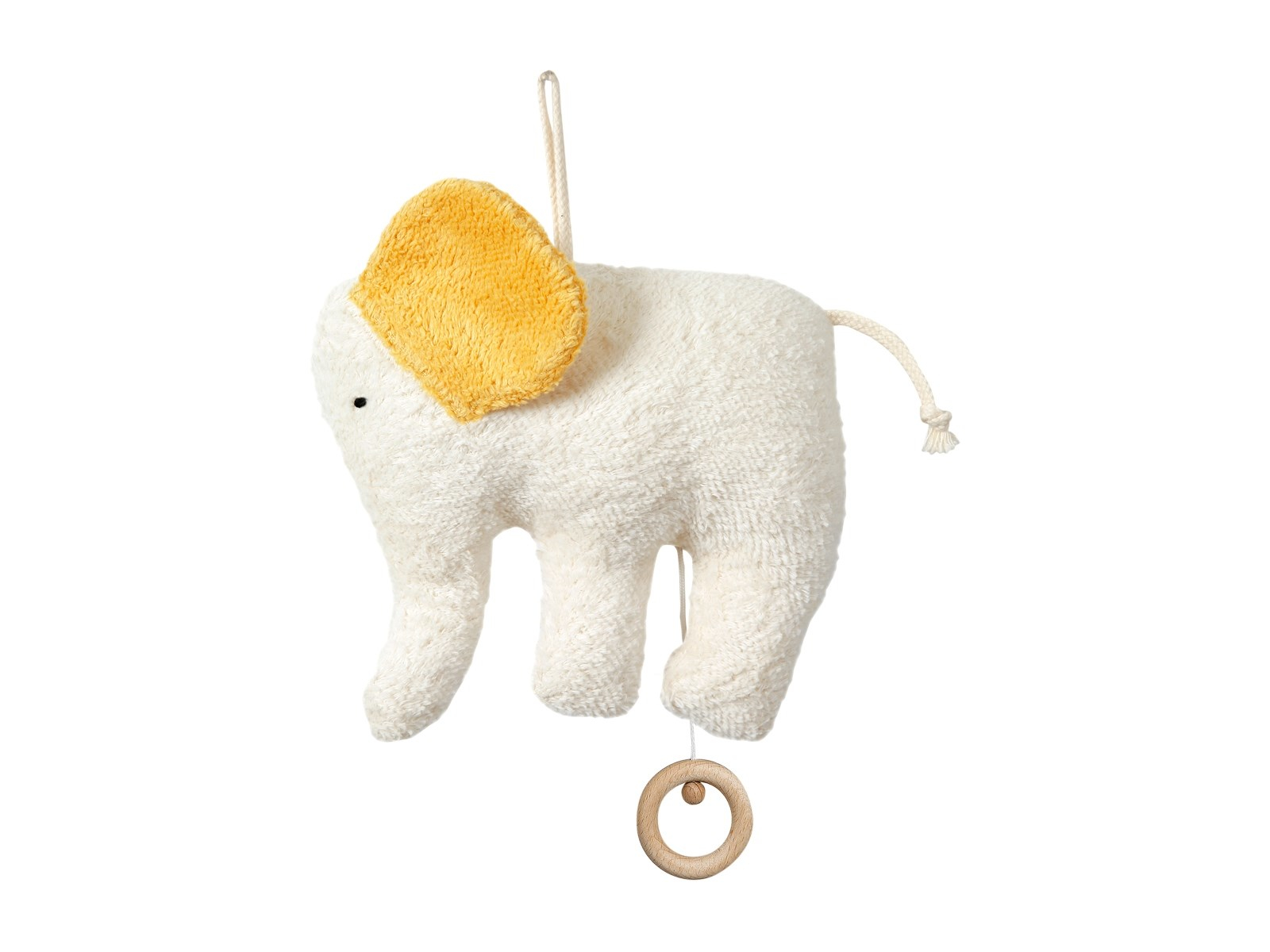 Spieluhr Elefant Bio Baumwolle, Füllung 100% Bio Schurwolle 16 cm, gelbe Ohren