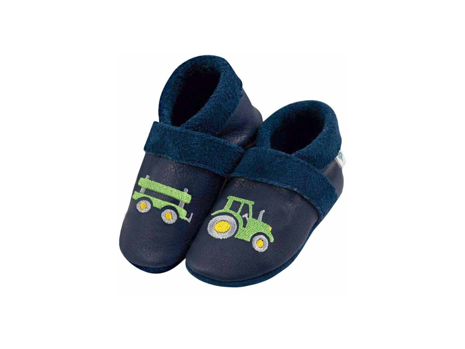 Baby und Kinder Lederpuschen Krabbelschuhe Trecker mit Anhänger blau Gr.23