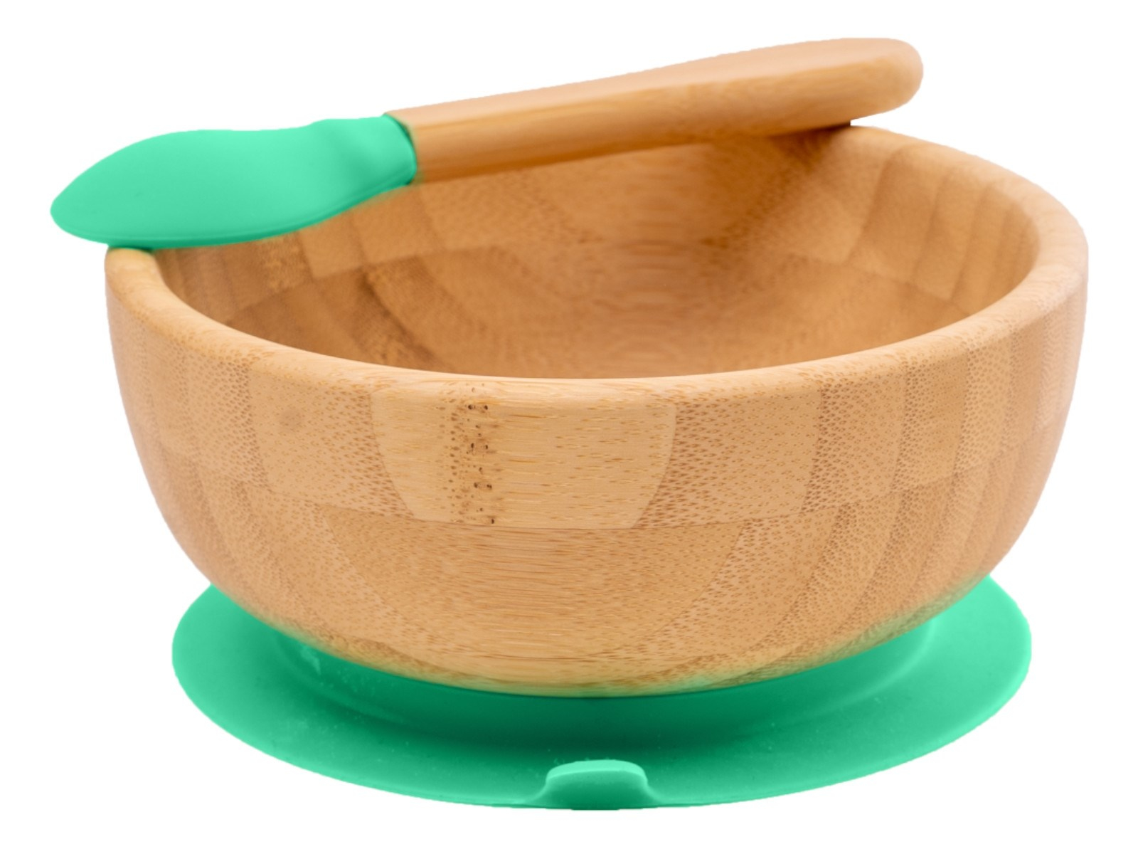 Kindergeschirr Schüssel mit Löffel und Saugnapf, aus Bambus, grün Durchmesser 14 cm, 4,5 cm tief