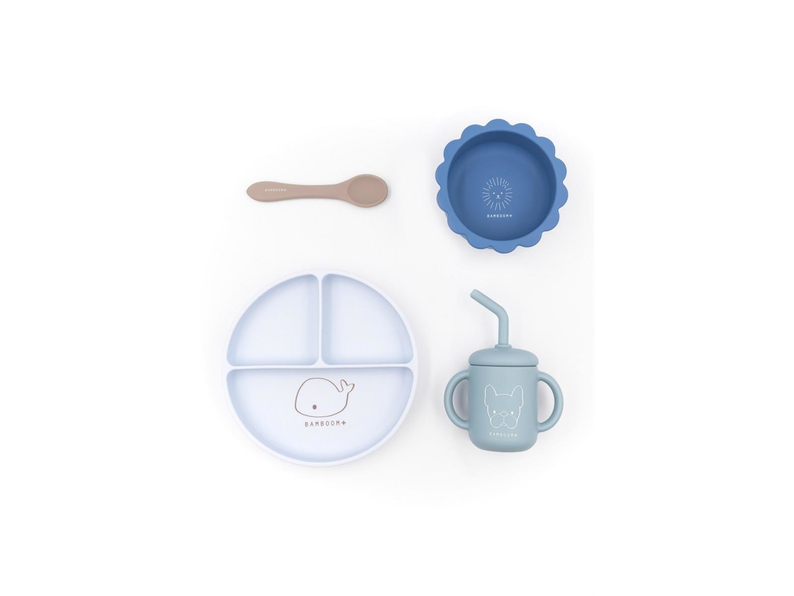 Kindergeschirr Set mit Löffel, Schüssel mit Saugnapf aus Silikon blau Maße: Kinderteller 6,6 cm Ø 15,3cm