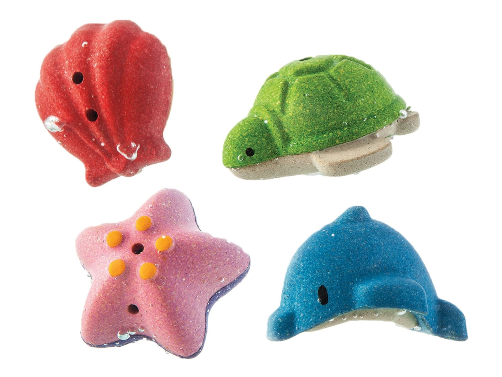 PlanToys Badewannenspielzeug Set Meer aus recyceltem Kautschukholz 4er Set Maße 7,1 x 6,8 x 4,2 cm