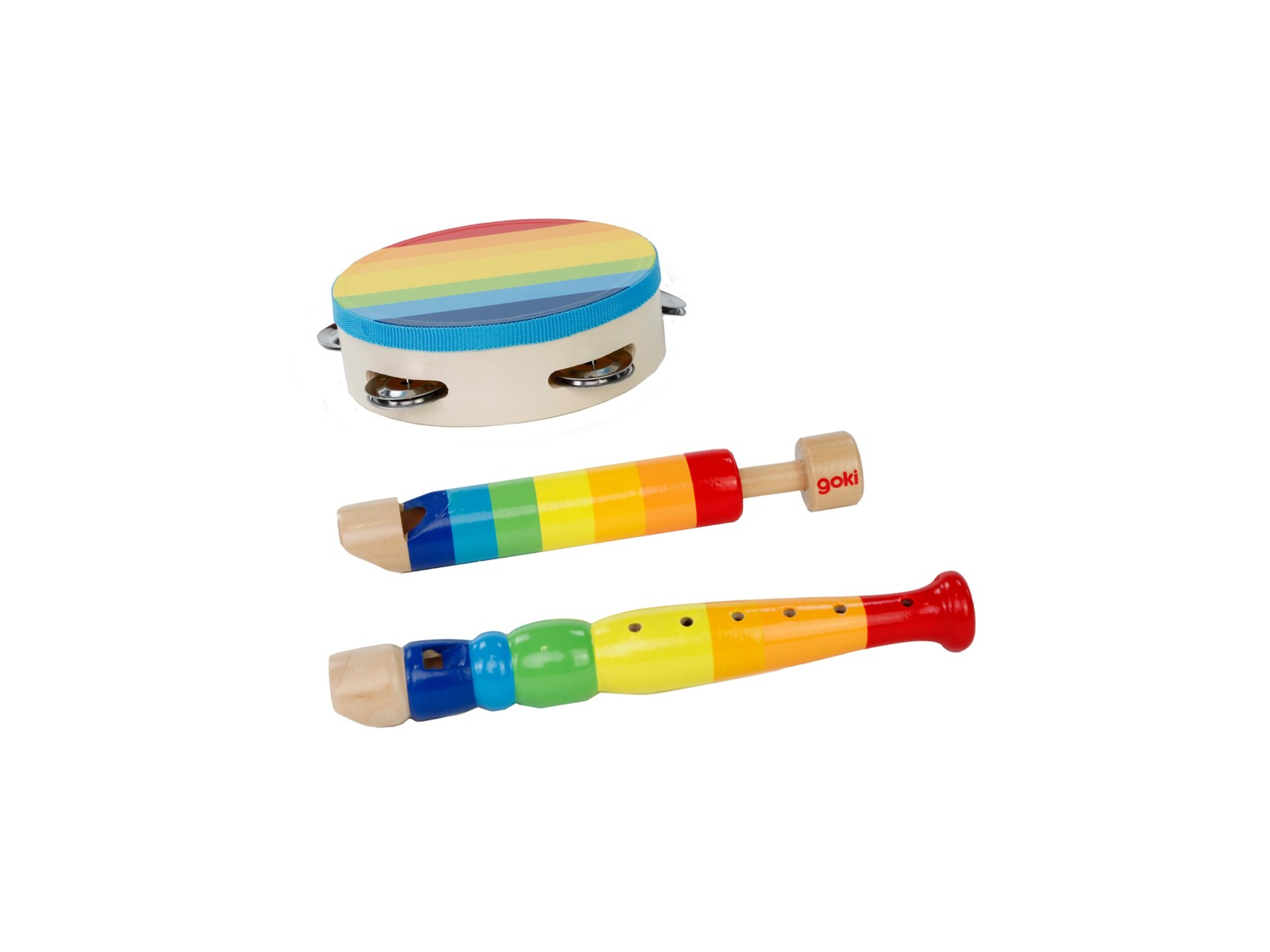 goki Kinder Musik-Set aus Holz, 3-teilig, bunt lackiert Blockflöte, Tamburin und Kolbenflöte