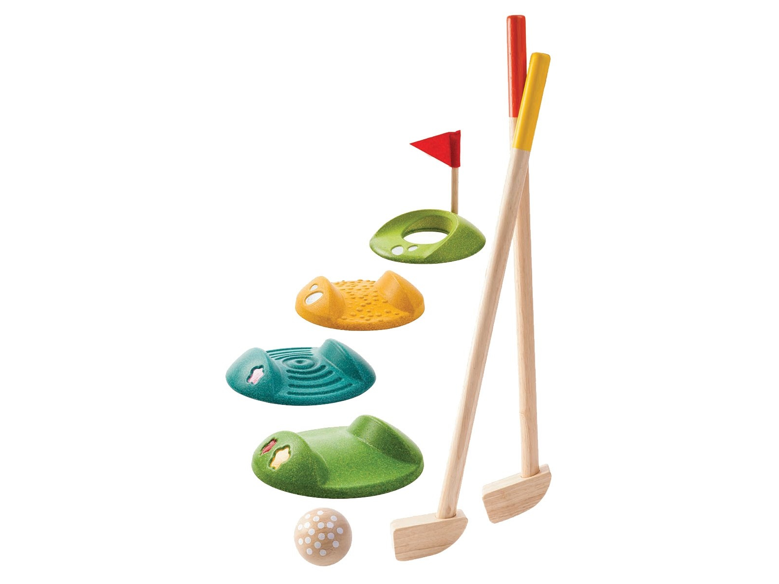 PlanToys Kinder Mini-Golf Komplettset aus recyceltem Kautschukholz, 9-teilig Maße 3 x 8 x 53,4 cm