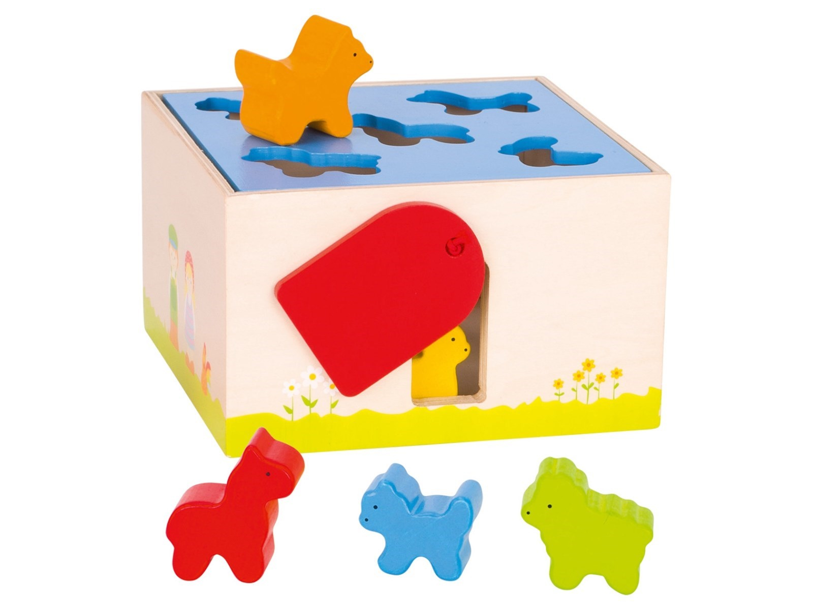 goki Sortierbox und Steckspiel Bauernhof aus Holz, 7-teilig, bunt lackiert Maße 16,5 x 16 x 9,5 cm
