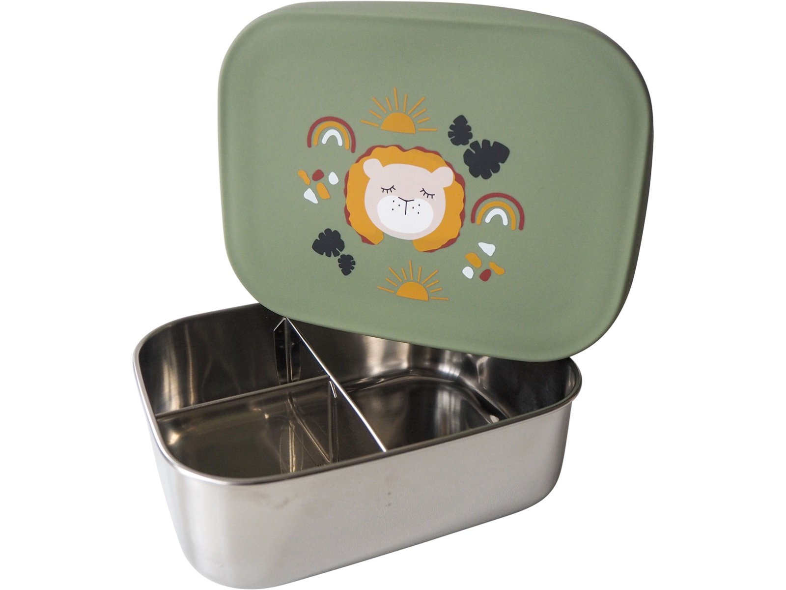 Kinder Edelstahl Brotdose Silikondeckel Löwe olive Maße 17 x 13 x 5,5 cm Fassungsvermögen 900 ml