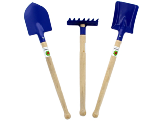 Sandspielzeug Metall und Holz, Harke, Schaufel, Spaten 3-teilig blau