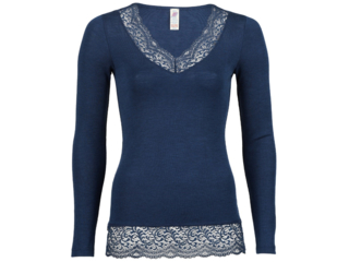 Damen Langarmshirt mit Spitze Wolle Seide marine