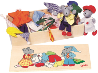 Biegepuppen "Mausens" aus Holz mit Holzkiste und 8 Kleidung-Sets