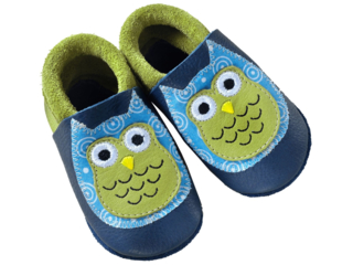 Lederpuschen Krabbelschuhe Bio-Leder "Eule" blau-pistazie