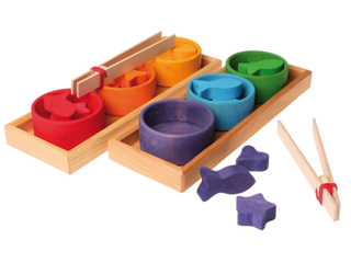 Sortierspiel Regenbogenschälchen aus Holz, 28-teilig, bunt lasiert