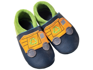 Kinder Lederpuschen Krabbelschuhe Bio-Leder "Müllauto"