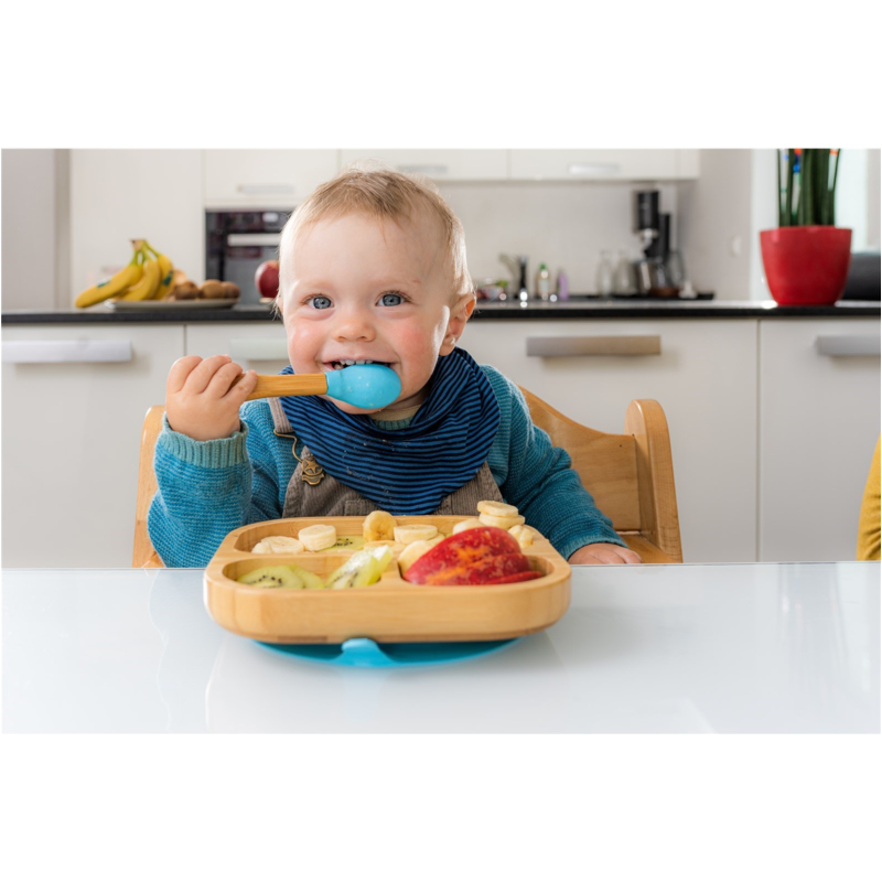 Bambuskind Kindergeschirr Teller mit Löffel und Saugnapf, aus Bambus, blau, Durchmesser 16 cm, 1,5 cm tief