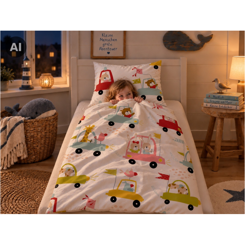 HANS NATUR Kinderbettwäsche Bio-Baumwolle Jersey Autos, Bettbezug 100 x 135 cm, Kissen 40 x 60 cm