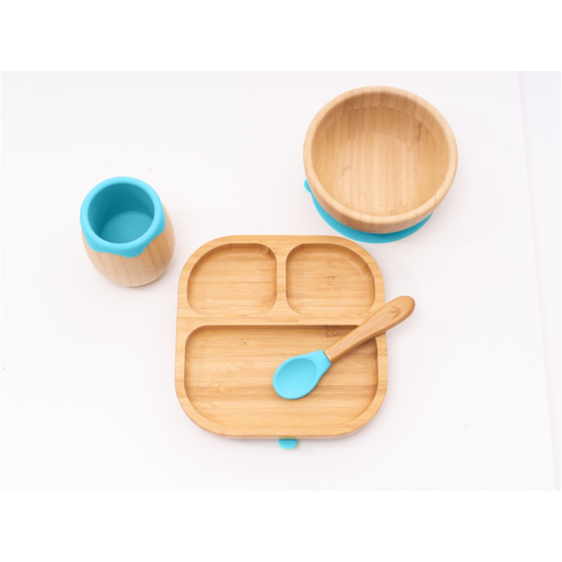 Bambuskind Kindergeschirr Teller mit Löffel und Saugnapf, aus Bambus, blau, Durchmesser 16 cm, 1,5 cm tief