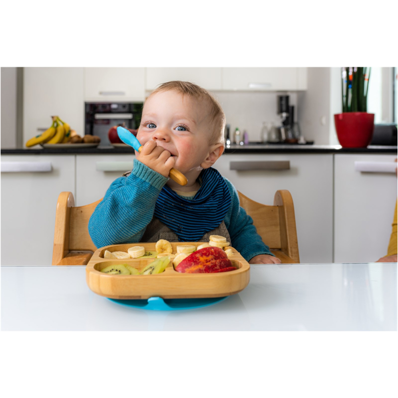 Bambuskind Kindergeschirr Teller mit Löffel und Saugnapf, aus Bambus, blau, Durchmesser 16 cm, 1,5 cm tief